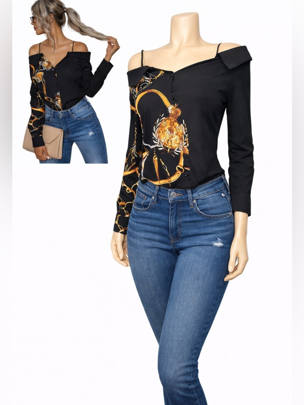 SHEIN Black Off-Shoulder Baroque Chain Print Blouse